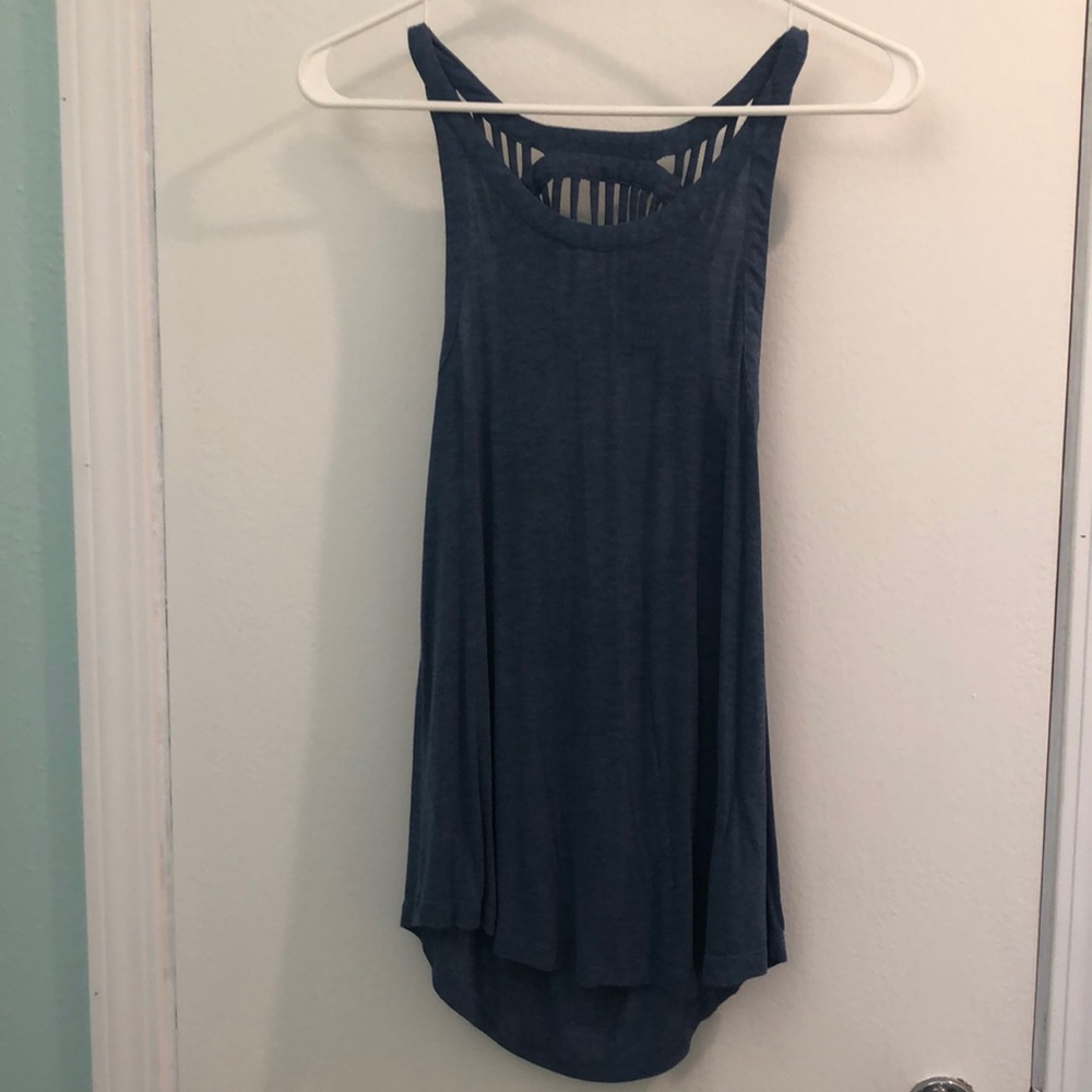 Blue fringe open back tank top